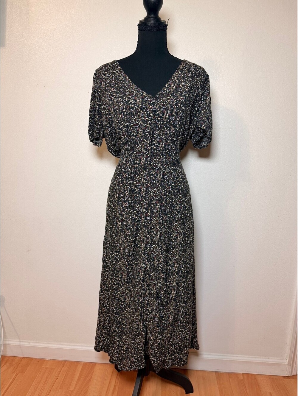 Levi's Black Floral Button Front Maxi Dress L Tie Waist V Neck